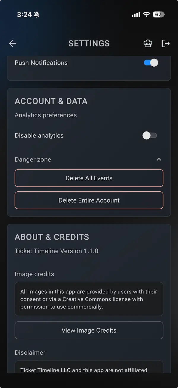 Ticket Timeline settings: Account and Data section with danger zone options