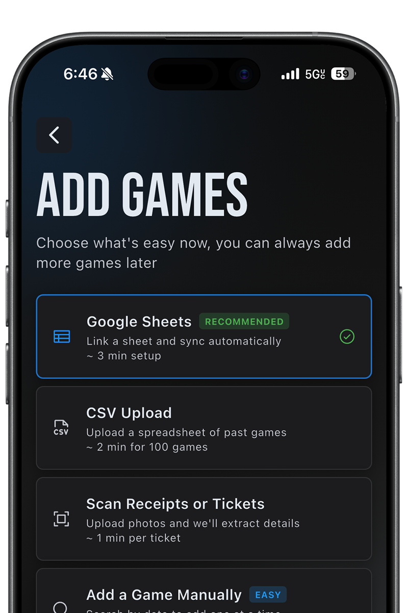 Add games screen with Google Sheets, CSV, scan, and manual options