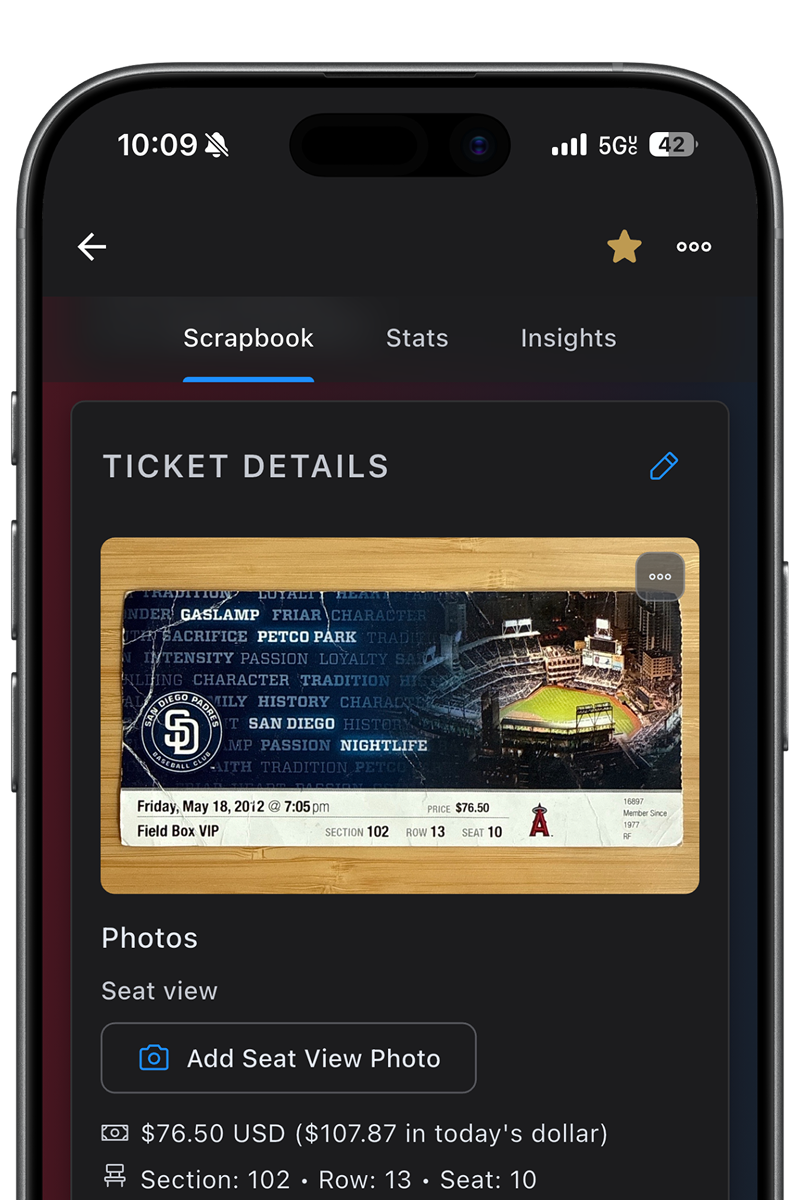 Ticket details scrapbook with photos and seat info